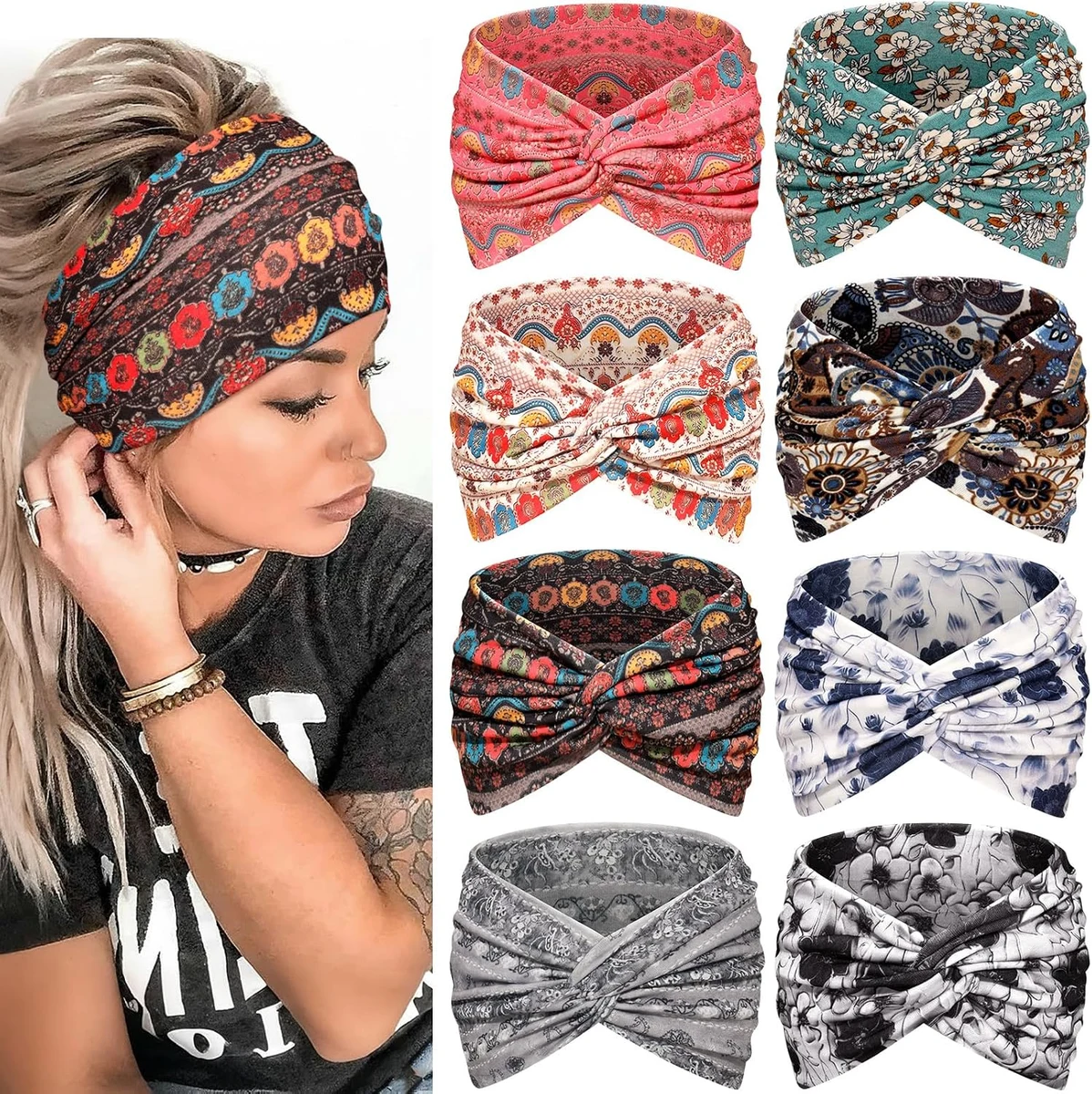 Awumbuk 8 Pièces Bandeaux Cheveux Femme 7'' Extra Large - Boho Multicolore Bandana Élastique Doux Headband, pour Yoga, Sport, Usage Quotidien Accessoires