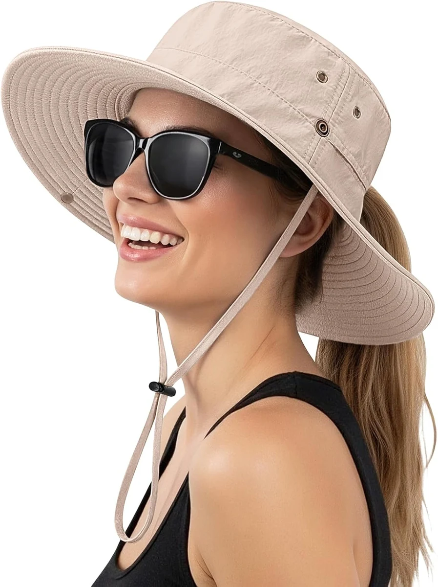 Xnova Chapeau Femme Visière Soleil Outdoor Bob Anti UV Pliable Chapeaux De Brousse Queue De Cheval en Maille à Large Bord Bucket Hat UPF 50+