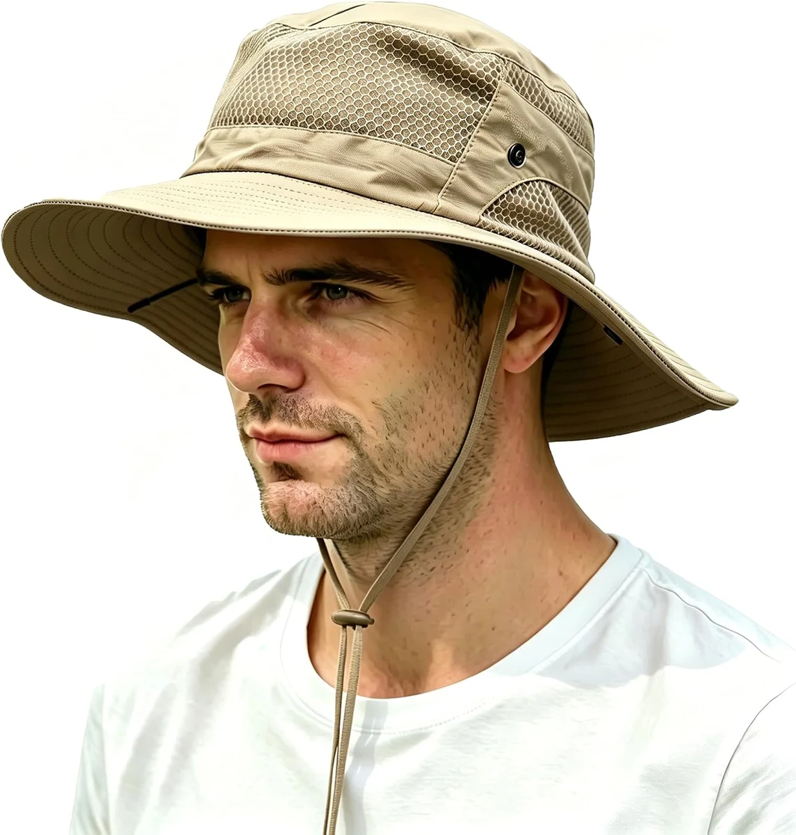 Chapeau Soleil Homme UPF 50+ Bob Randonné Safari Maille Respirante Pliable | Chapeau Imperméable Anti-vent,Large Bord Safari Avec Mentonnière Réglable,Protection UV UPF 50+,Polyvalent Extérieur